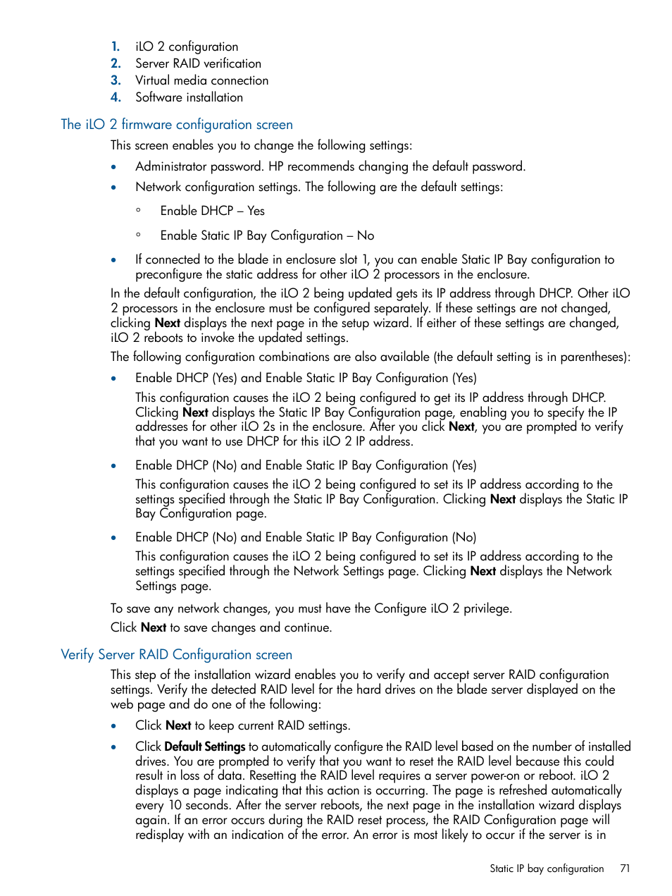 The ilo 2 firmware configuration screen, Verify server raid configuration screen | HP Integrated Lights-Out 2 User Manual | Page 71 / 224