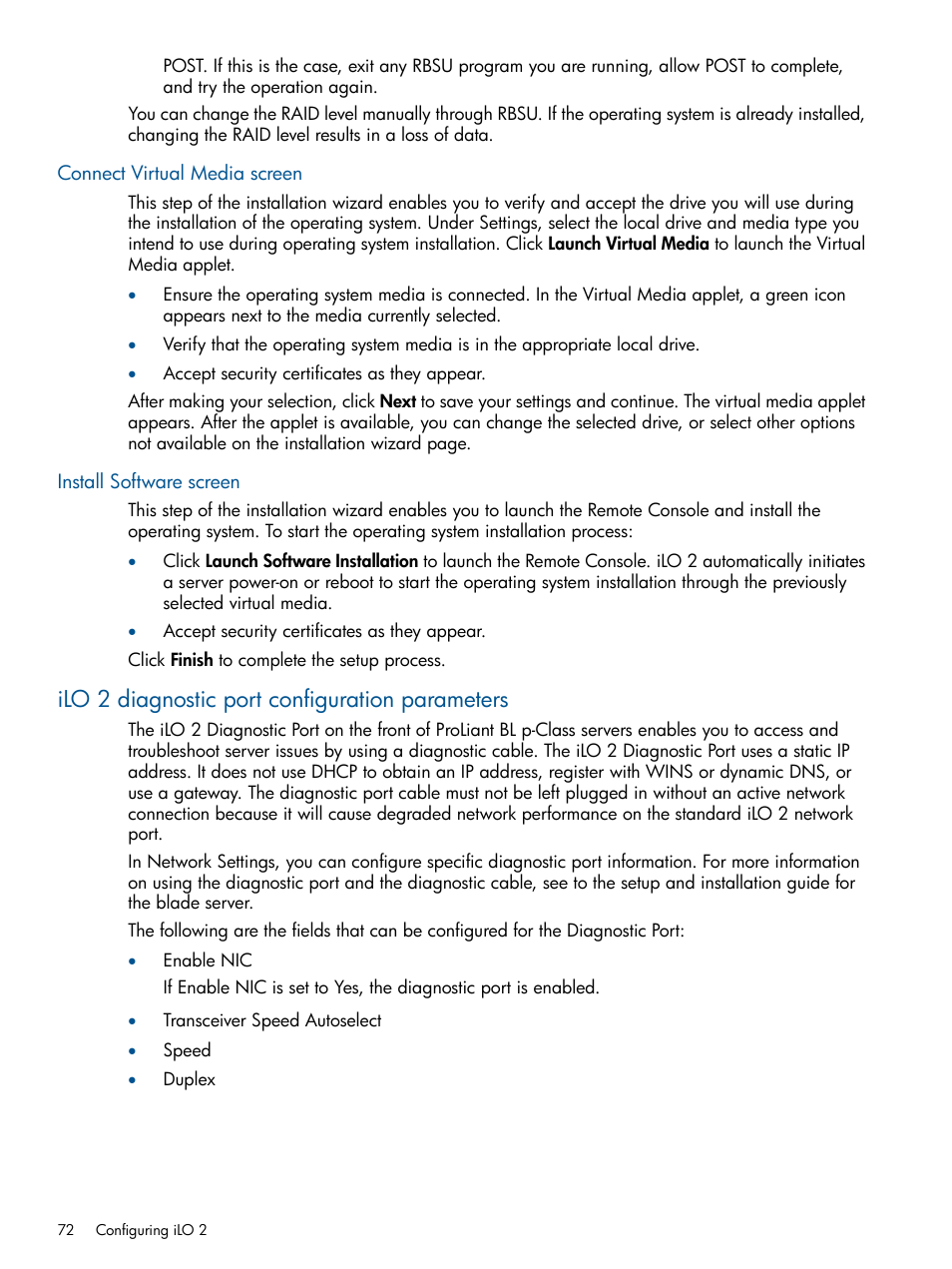 Connect virtual media screen, Install software screen, Ilo 2 diagnostic port configuration parameters | HP Integrated Lights-Out 2 User Manual | Page 72 / 224