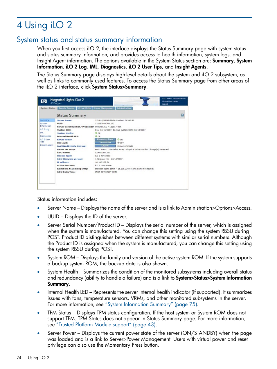 4 using ilo 2, System status and status summary information | HP Integrated Lights-Out 2 User Manual | Page 74 / 224