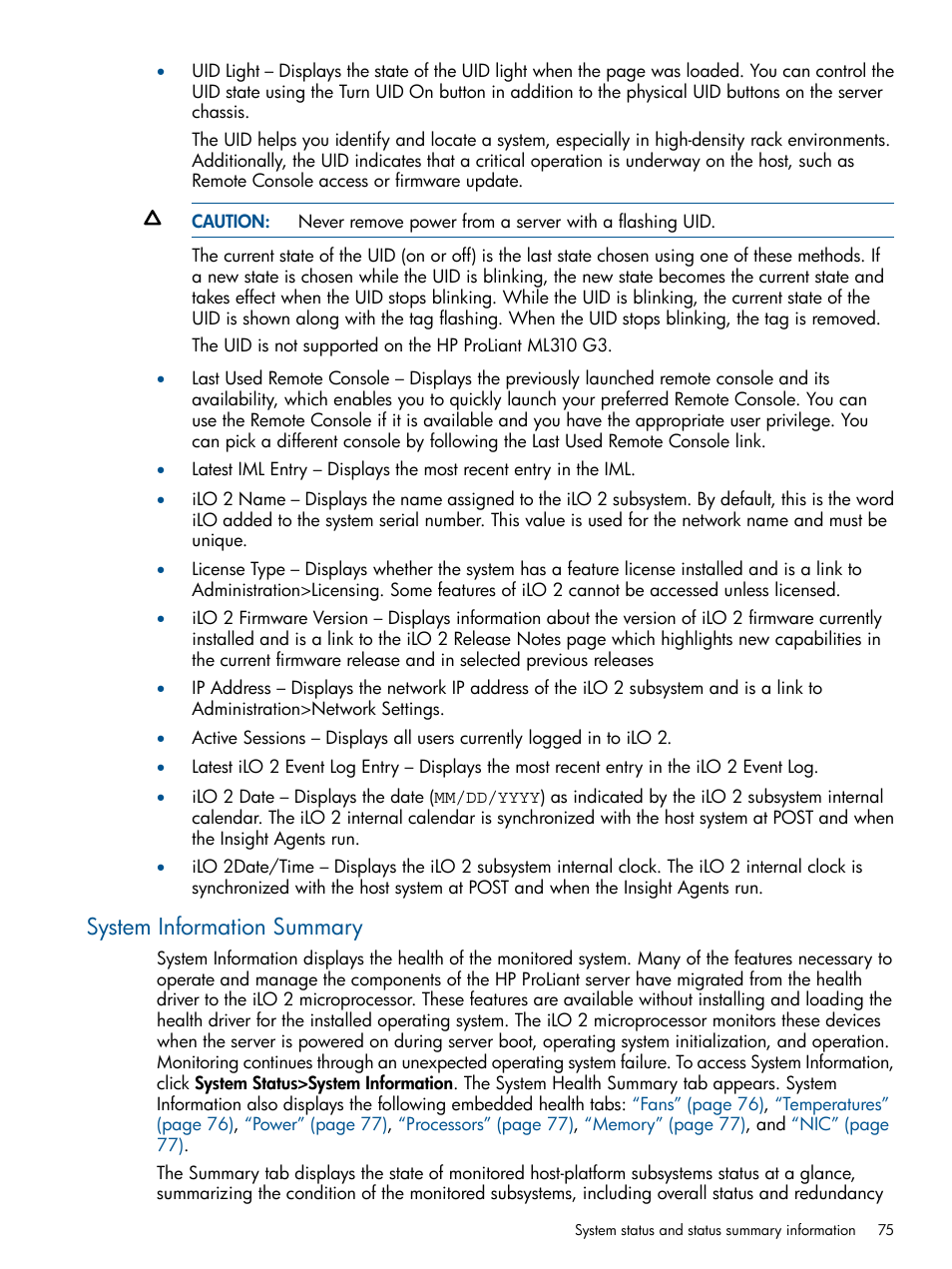 System information summary | HP Integrated Lights-Out 2 User Manual | Page 75 / 224