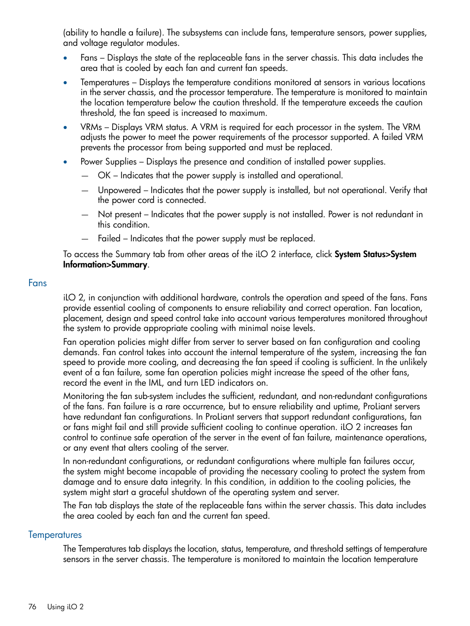 Fans, Temperatures, Fans temperatures | HP Integrated Lights-Out 2 User Manual | Page 76 / 224