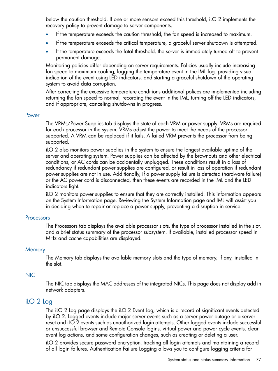 Power, Processors, Memory | Ilo 2 log, Power processors memory nic | HP Integrated Lights-Out 2 User Manual | Page 77 / 224