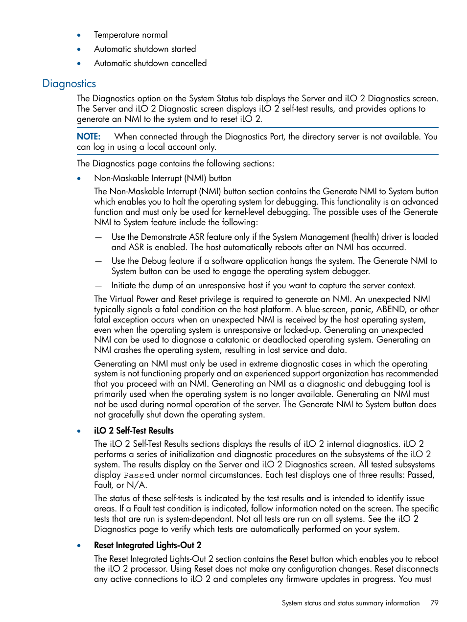 Diagnostics | HP Integrated Lights-Out 2 User Manual | Page 79 / 224