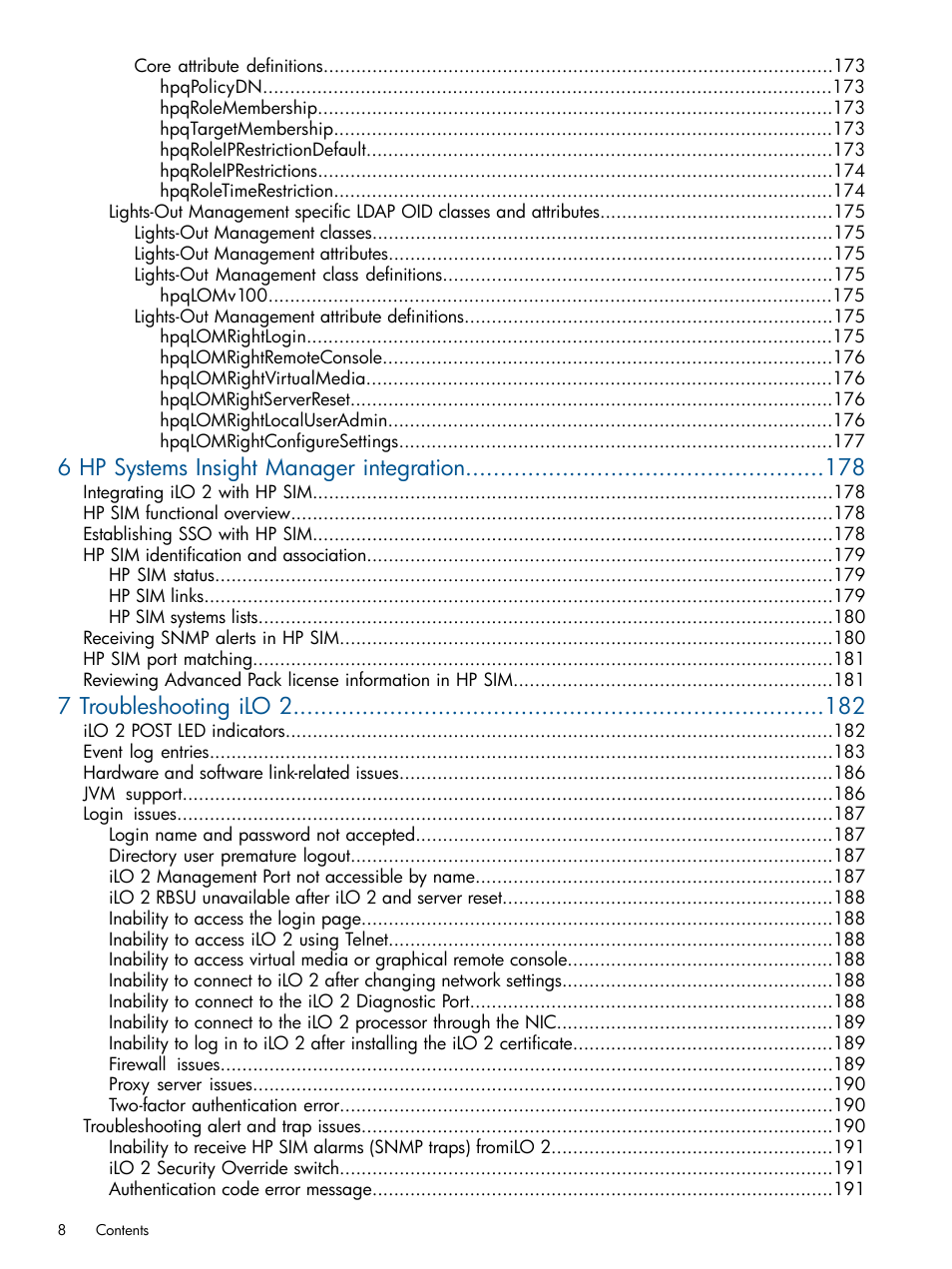 6 hp systems insight manager integration, 7 troubleshooting ilo 2 | HP Integrated Lights-Out 2 User Manual | Page 8 / 224