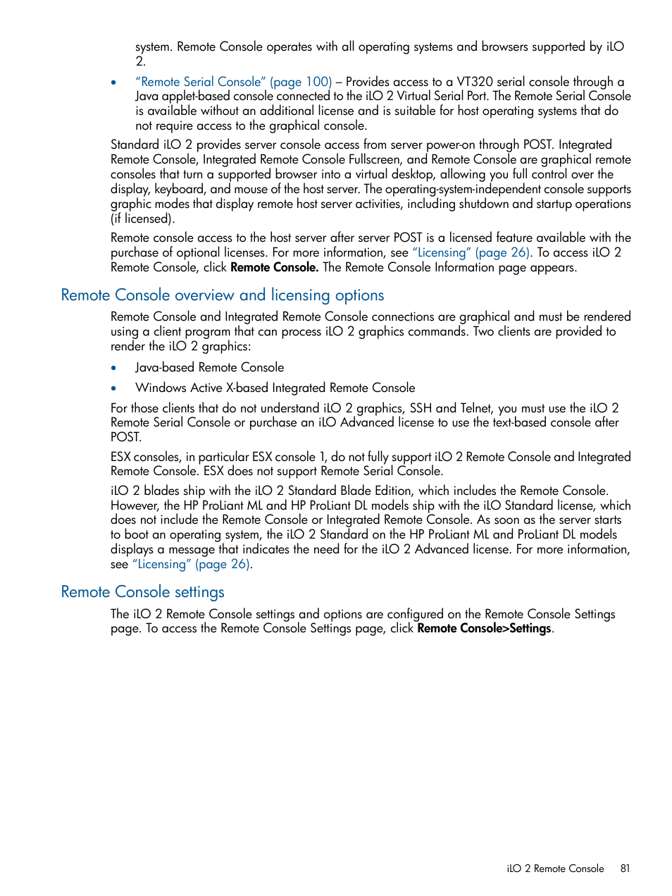 Remote console overview and licensing options, Remote console settings | HP Integrated Lights-Out 2 User Manual | Page 81 / 224