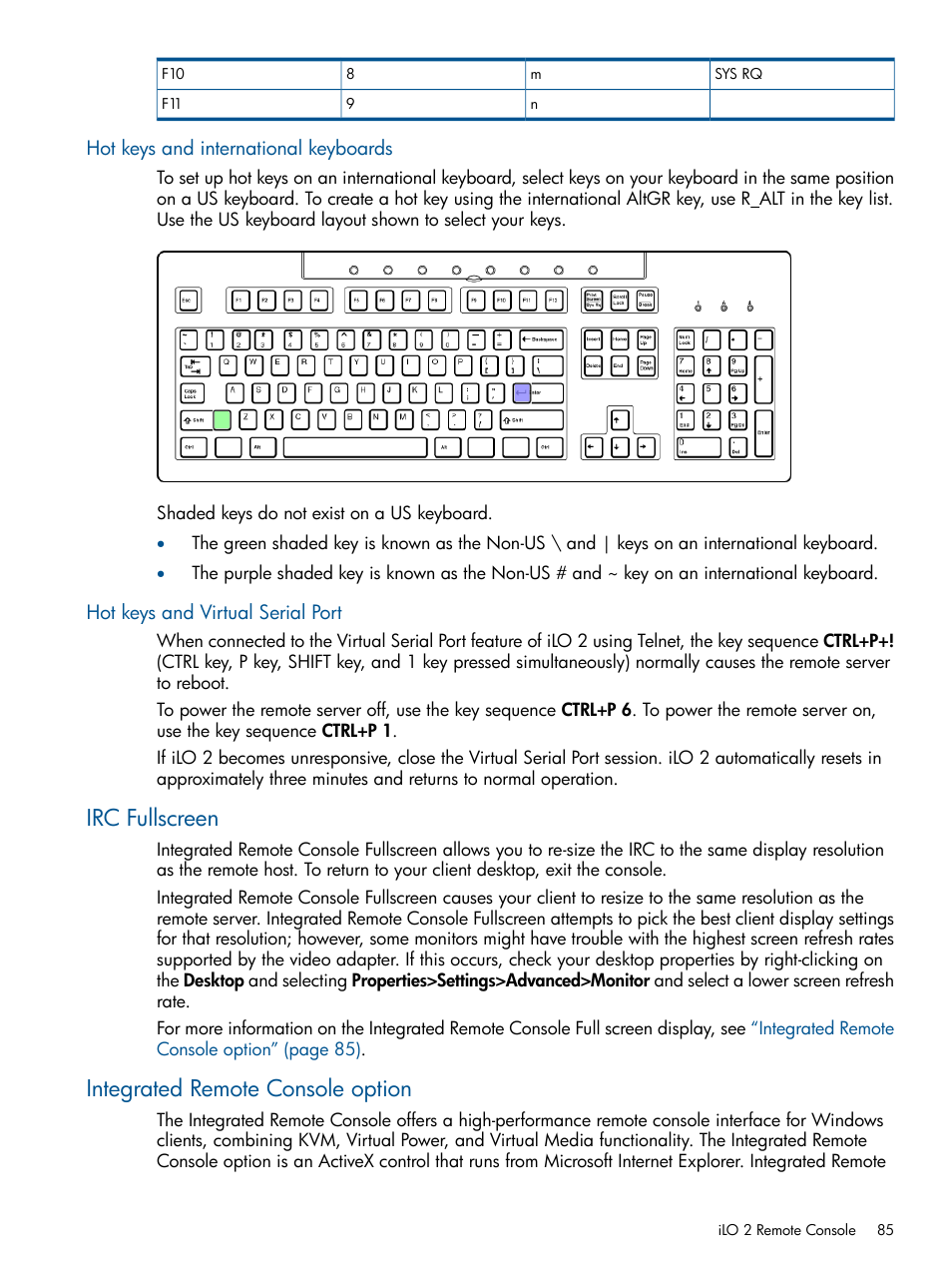 Hot keys and international keyboards, Hot keys and virtual serial port, Irc fullscreen | Integrated remote console option, Irc fullscreen integrated remote console option | HP Integrated Lights-Out 2 User Manual | Page 85 / 224