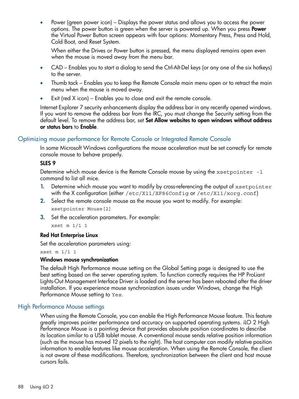 High performance mouse settings | HP Integrated Lights-Out 2 User Manual | Page 88 / 224