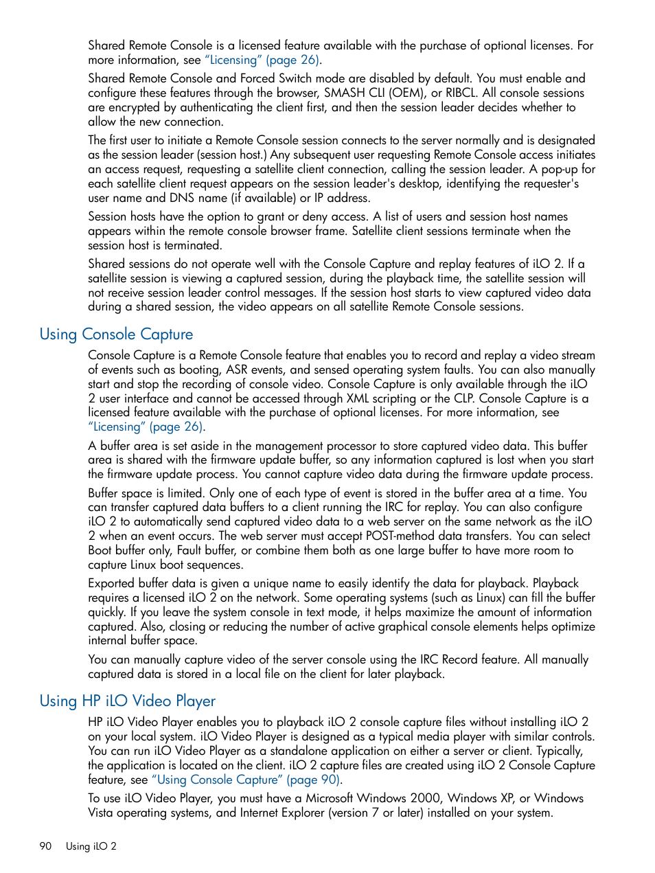 Using console capture, Using hp ilo video player, Using console capture using hp ilo video player | HP Integrated Lights-Out 2 User Manual | Page 90 / 224