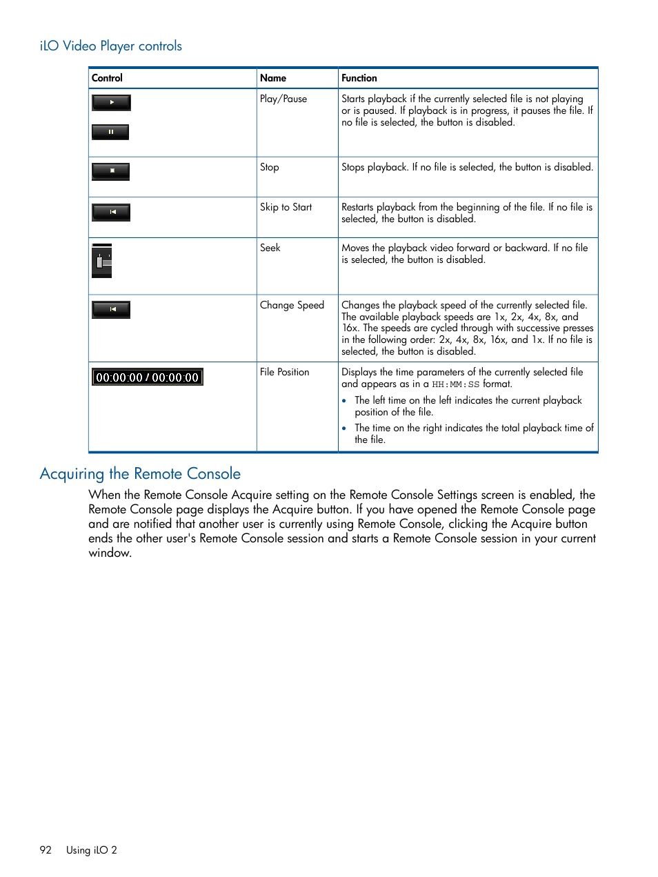 Ilo video player controls, Acquiring the remote console, Acquiring | HP Integrated Lights-Out 2 User Manual | Page 92 / 224