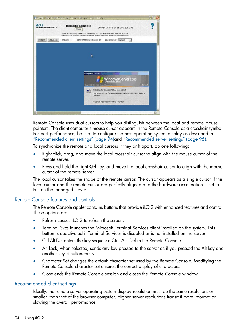 Remote console features and controls, Recommended client settings | HP Integrated Lights-Out 2 User Manual | Page 94 / 224