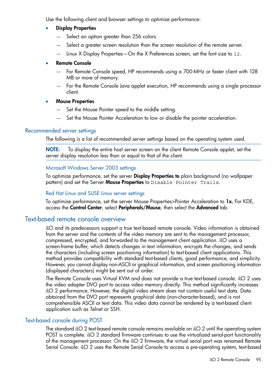 Recommended server settings, Microsoft windows server 2003 settings, Red hat linux and suse linux server settings | Text-based remote console overview, Text-based console during post | HP Integrated Lights-Out 2 User Manual | Page 95 / 224