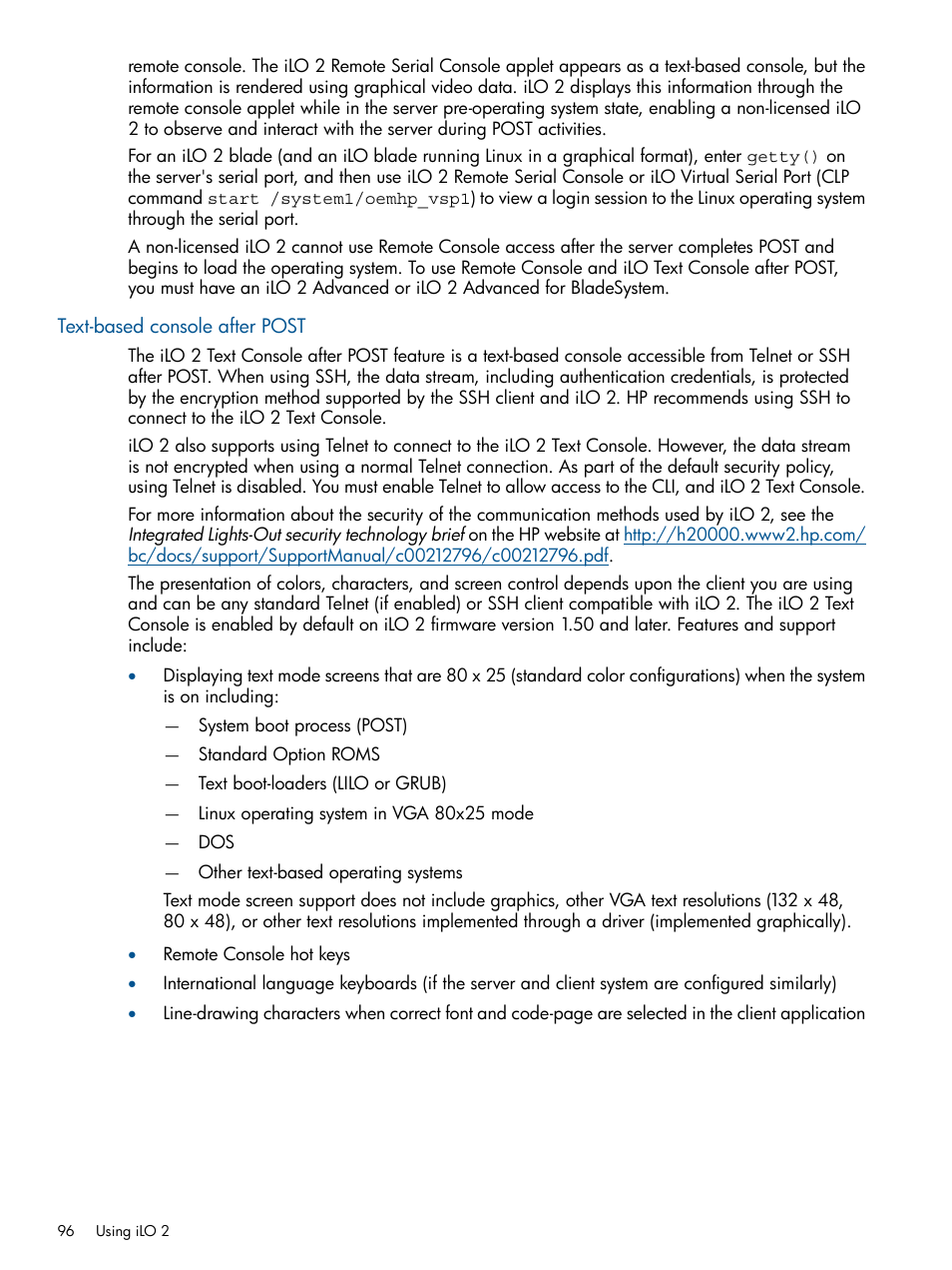 Text-based console after post | HP Integrated Lights-Out 2 User Manual | Page 96 / 224