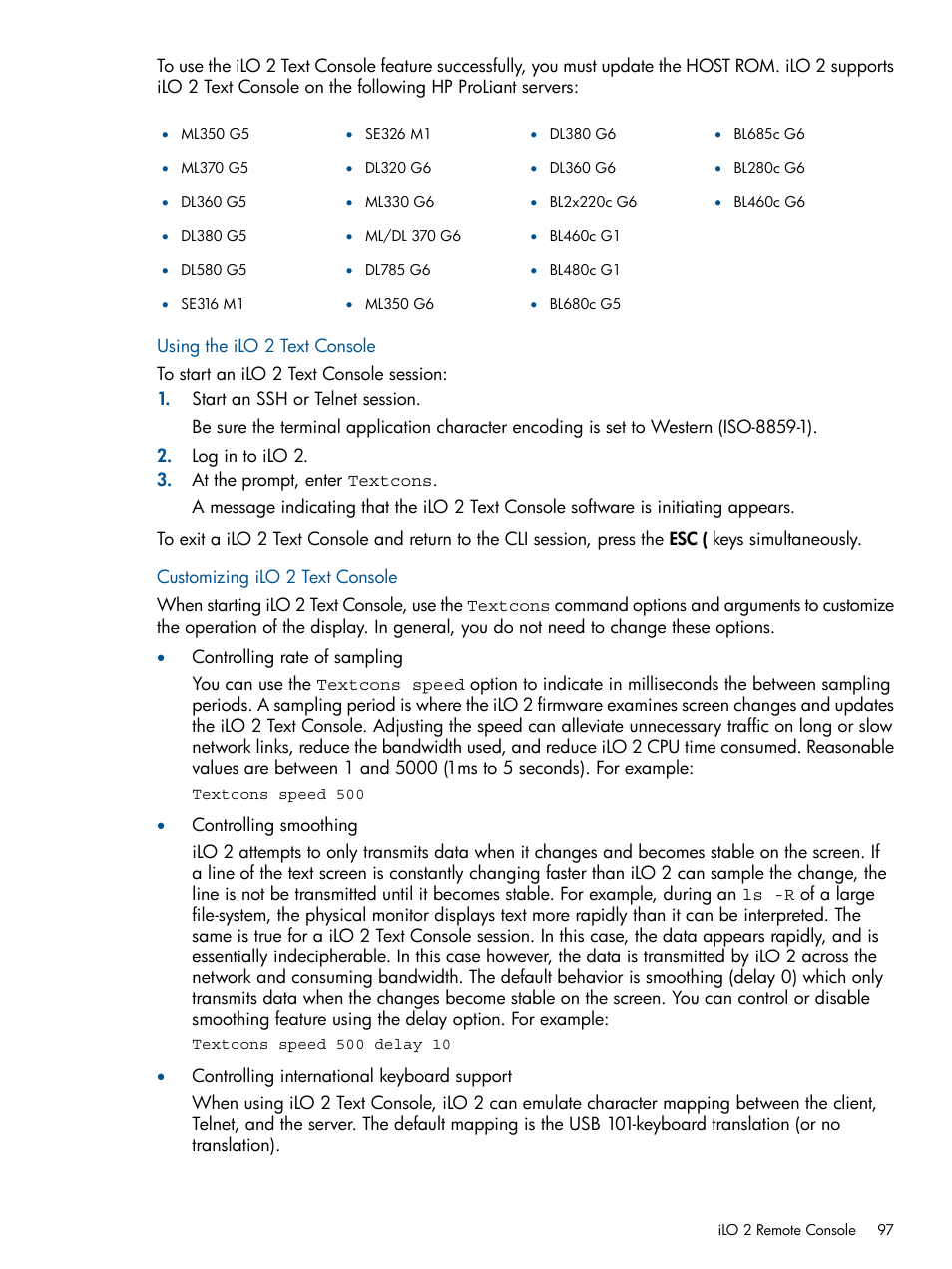 Using the ilo 2 text console, Customizing ilo 2 text console | HP Integrated Lights-Out 2 User Manual | Page 97 / 224