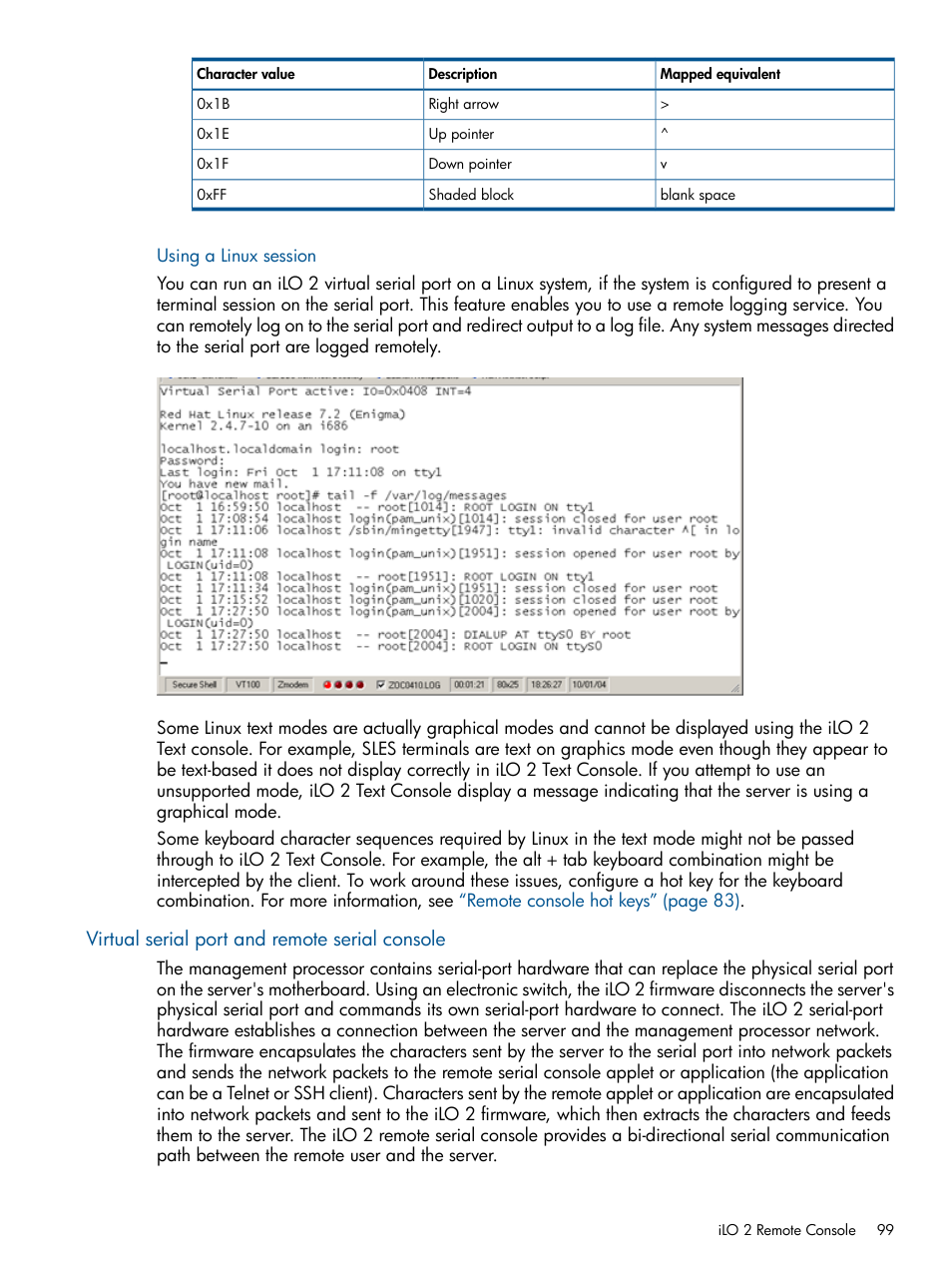 Using a linux session, Virtual serial port and remote serial console | HP Integrated Lights-Out 2 User Manual | Page 99 / 224