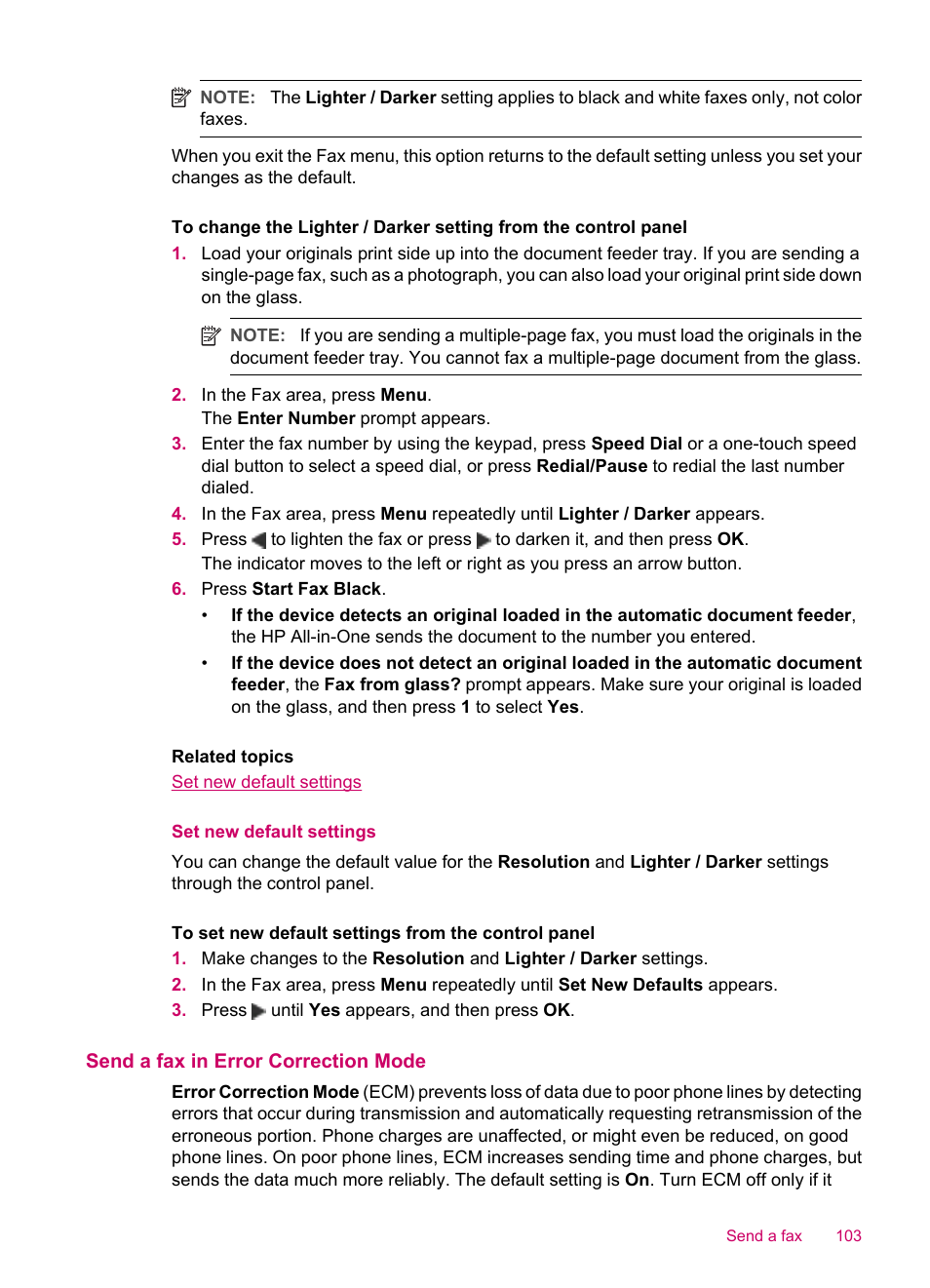 Set new default settings, Send a fax in error correction mode | HP Officejet J5740 All-in-One Printer User Manual | Page 105 / 296