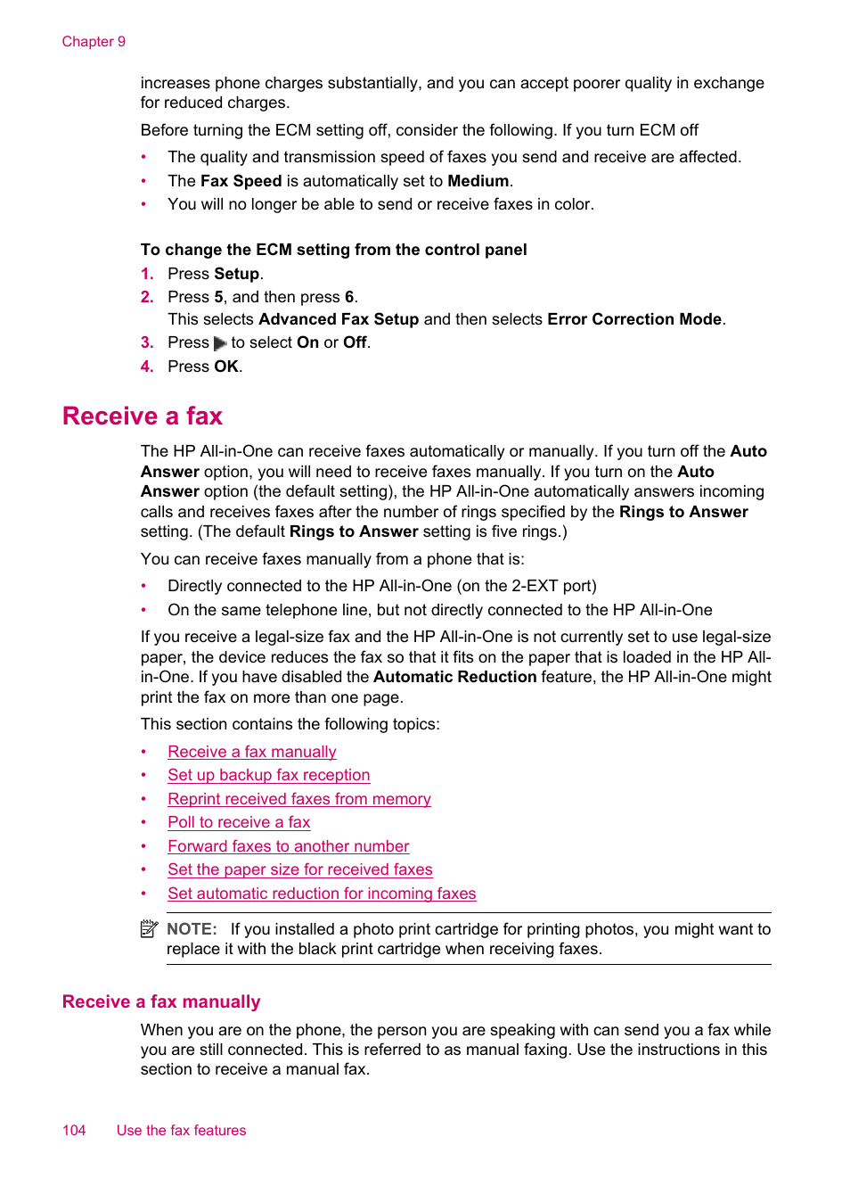 Receive a fax, Receive a fax manually | HP Officejet J5740 All-in-One Printer User Manual | Page 106 / 296