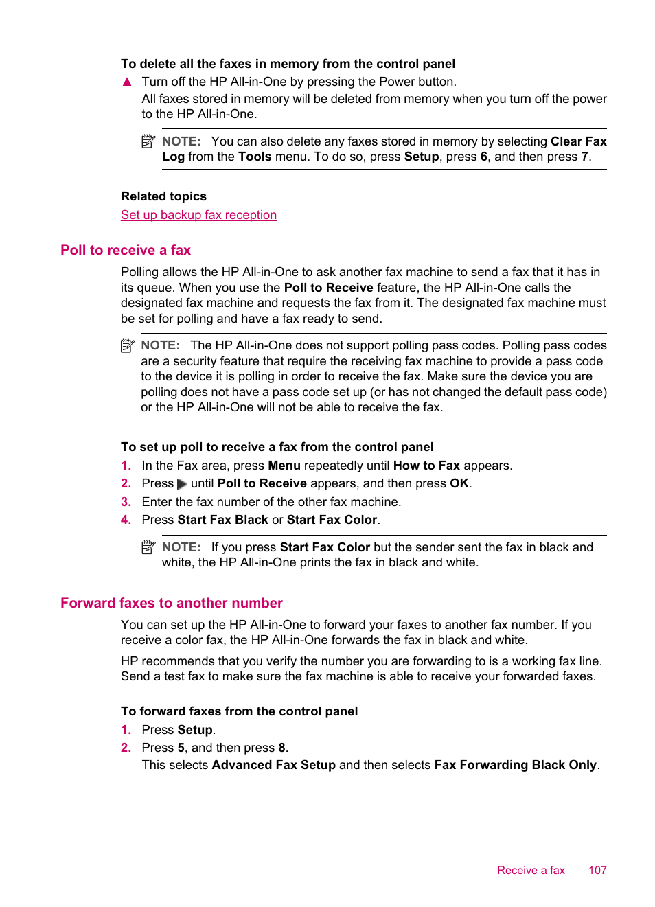 Poll to receive a fax, Forward faxes to another number | HP Officejet J5740 All-in-One Printer User Manual | Page 109 / 296