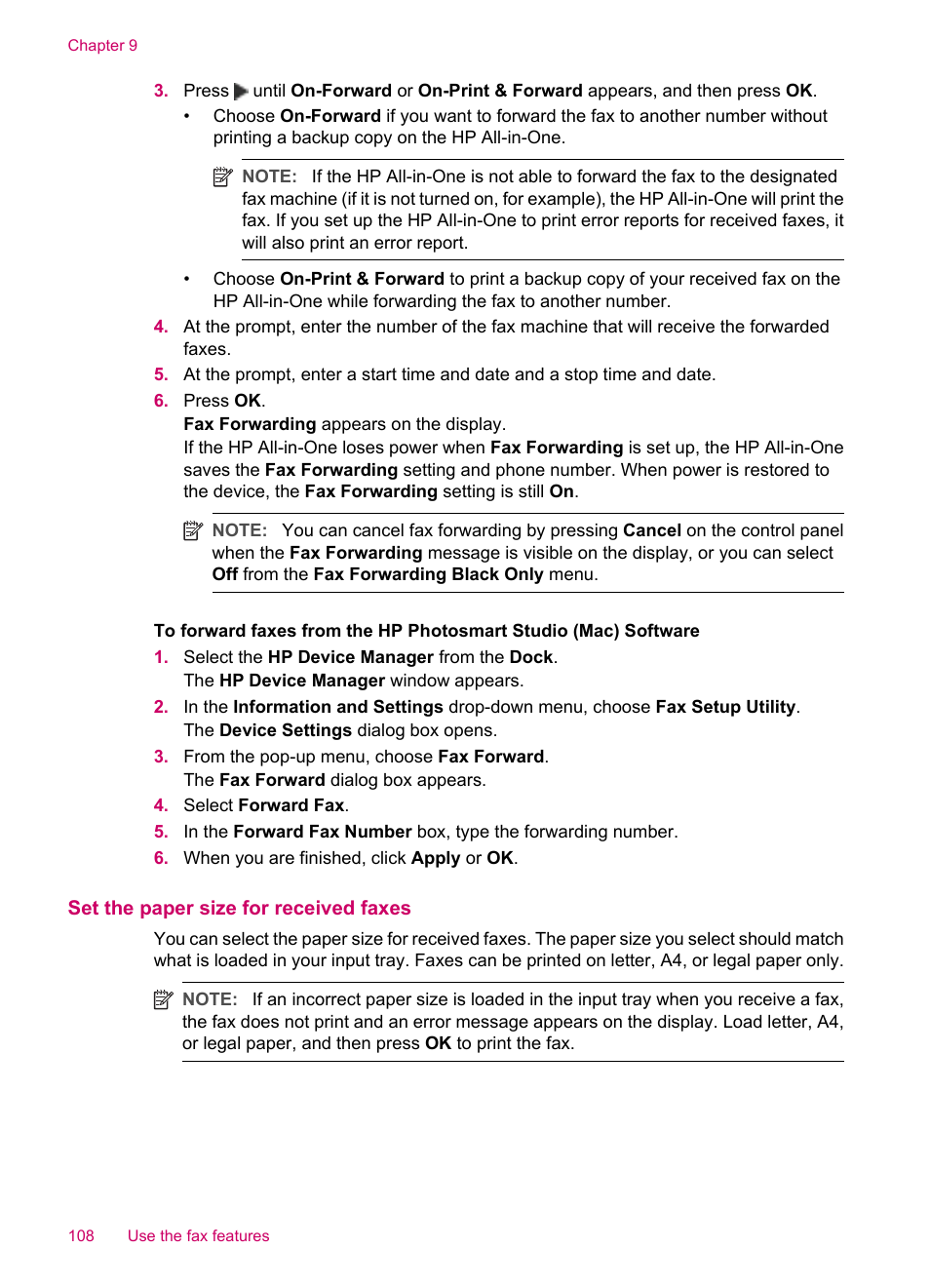 Set the paper size for received faxes | HP Officejet J5740 All-in-One Printer User Manual | Page 110 / 296