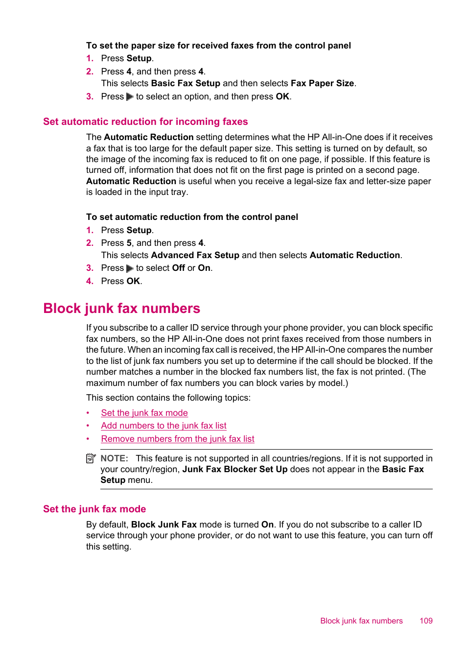 Set automatic reduction for incoming faxes, Block junk fax numbers, Set the junk fax mode | HP Officejet J5740 All-in-One Printer User Manual | Page 111 / 296