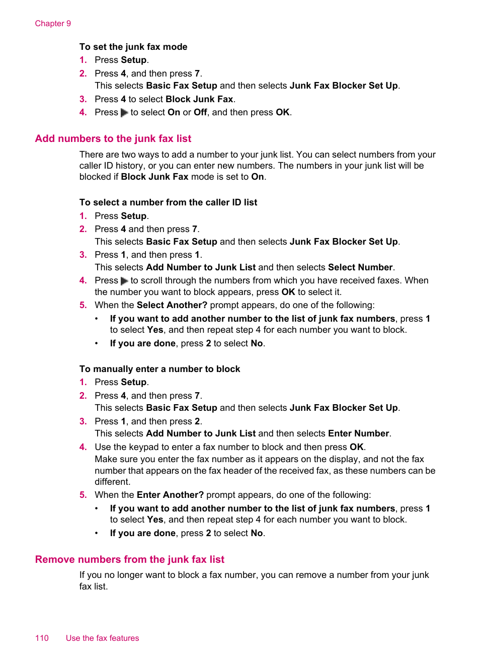 Add numbers to the junk fax list, Remove numbers from the junk fax list | HP Officejet J5740 All-in-One Printer User Manual | Page 112 / 296