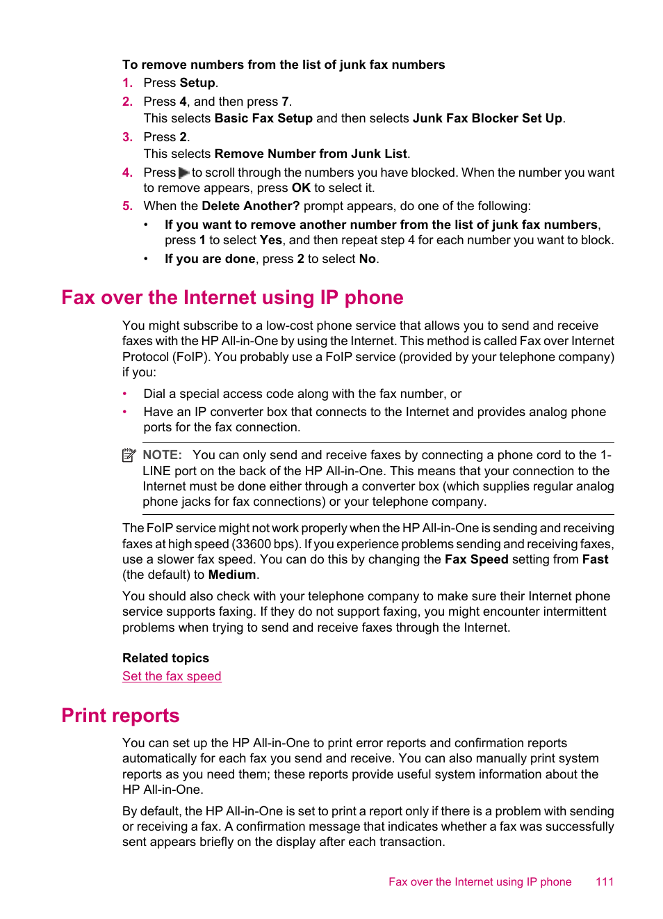 Fax over the internet using ip phone, Print reports, Fax over the internet using ip phone print reports | HP Officejet J5740 All-in-One Printer User Manual | Page 113 / 296