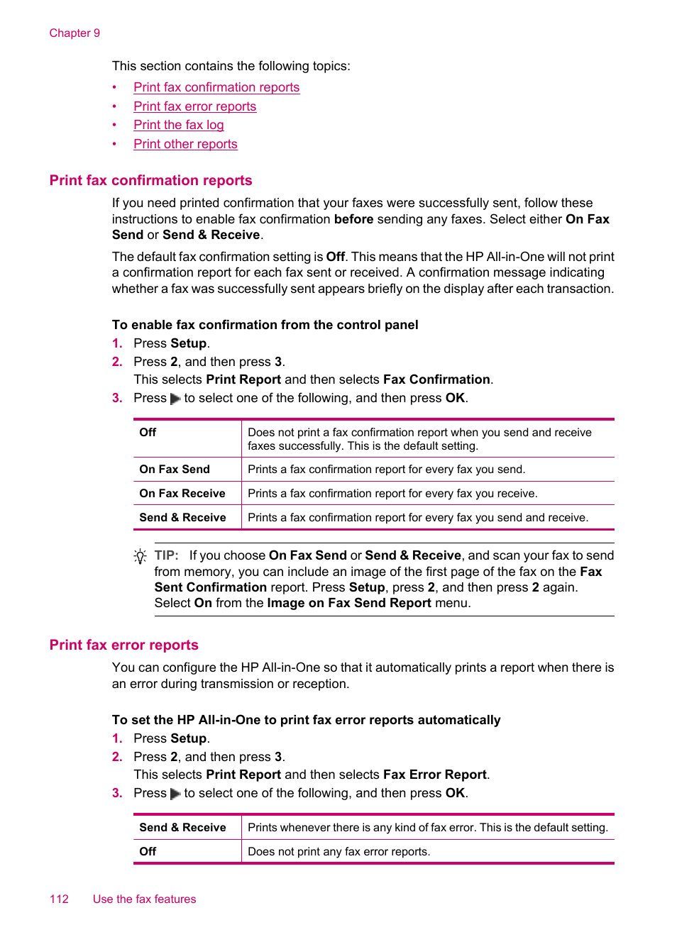 Print fax confirmation reports, Print fax error reports | HP Officejet J5740 All-in-One Printer User Manual | Page 114 / 296