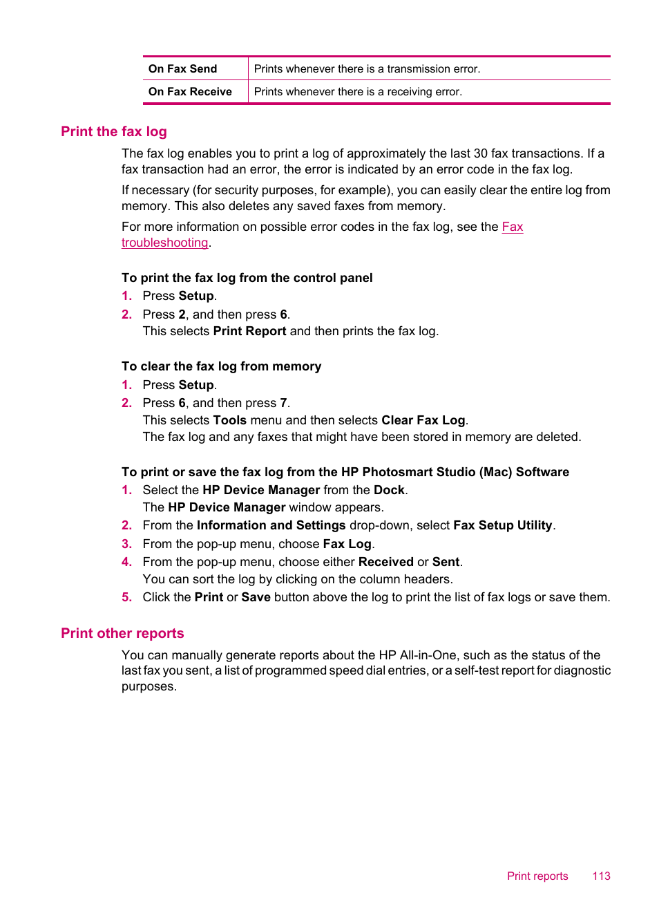 Print the fax log, Print other reports, Purposes. for more information, see | HP Officejet J5740 All-in-One Printer User Manual | Page 115 / 296