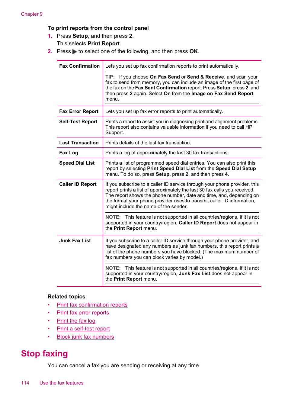 Stop faxing | HP Officejet J5740 All-in-One Printer User Manual | Page 116 / 296