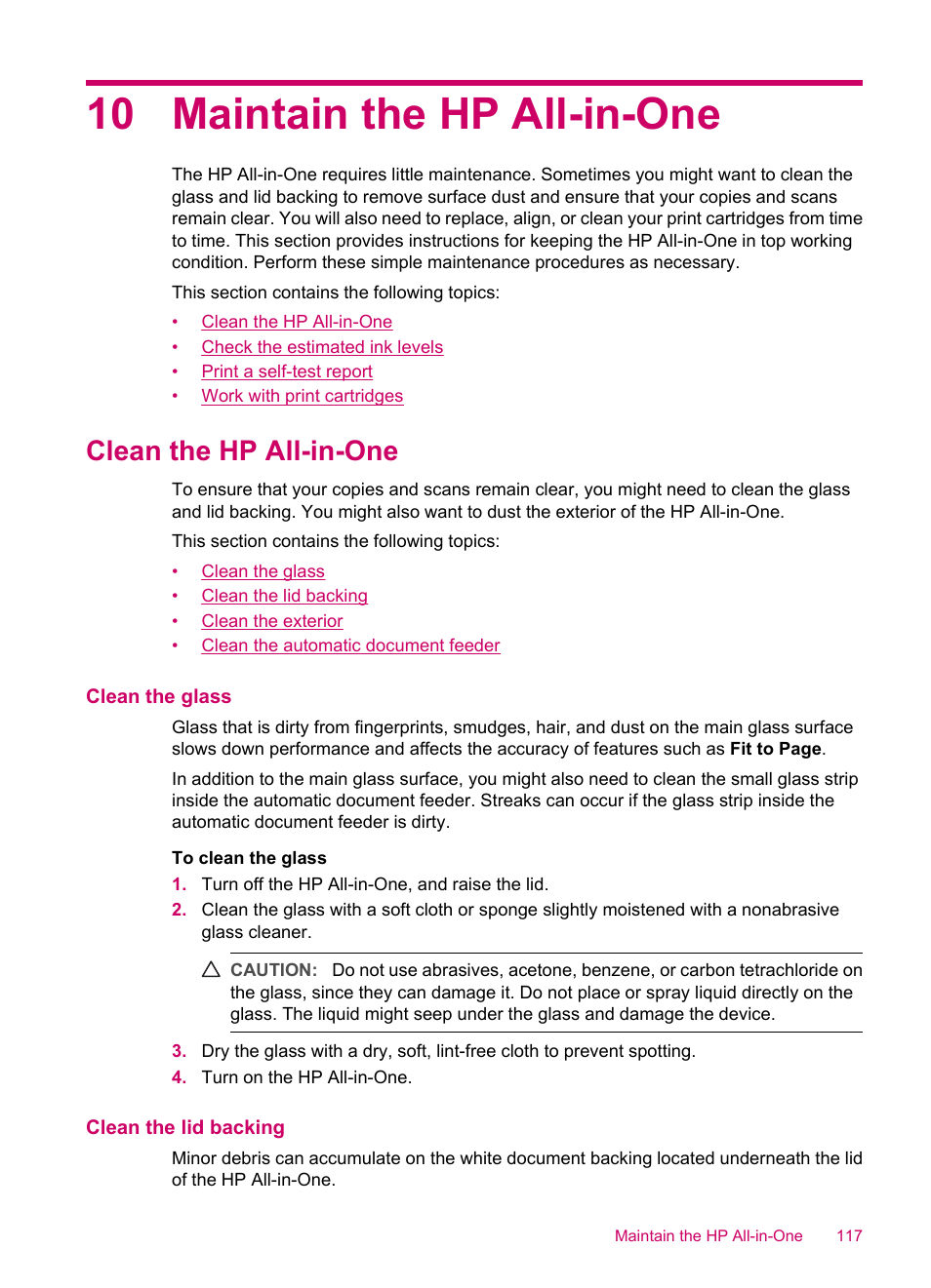 Maintain the hp all-in-one, Clean the hp all-in-one, Clean the glass | Clean the lid backing, 10 maintain the hp all-in-one | HP Officejet J5740 All-in-One Printer User Manual | Page 119 / 296