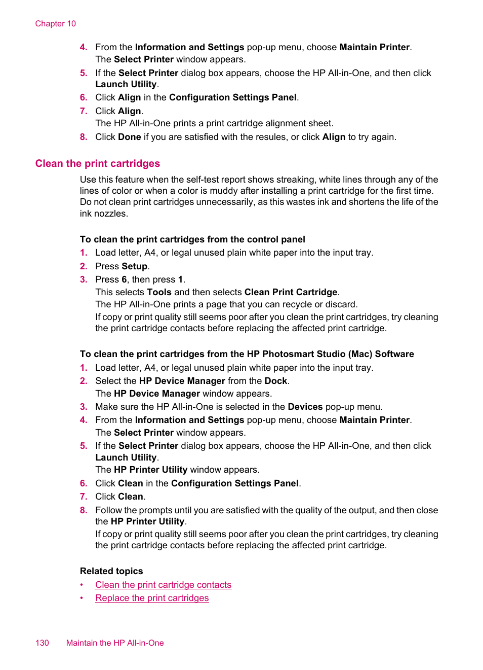 Clean the print cartridges | HP Officejet J5740 All-in-One Printer User Manual | Page 132 / 296