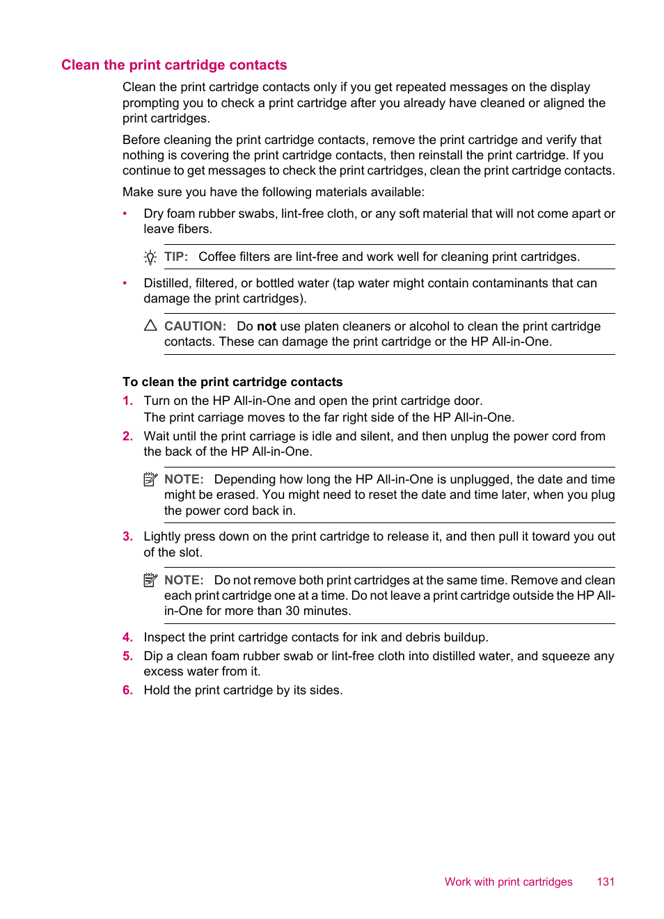 Clean the print cartridge contacts | HP Officejet J5740 All-in-One Printer User Manual | Page 133 / 296