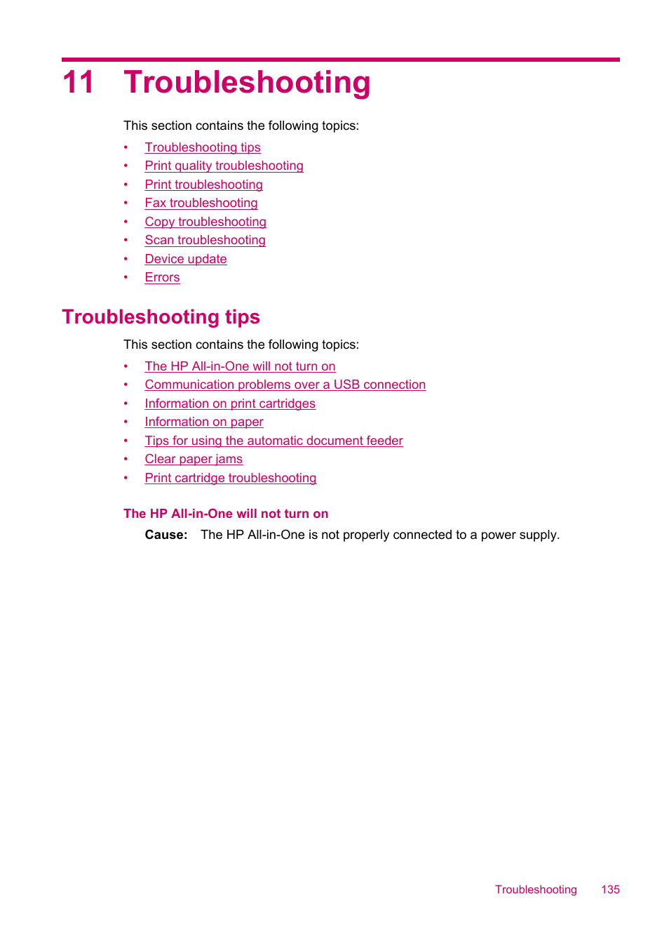 Troubleshooting, Troubleshooting tips, 11 troubleshooting | HP Officejet J5740 All-in-One Printer User Manual | Page 137 / 296