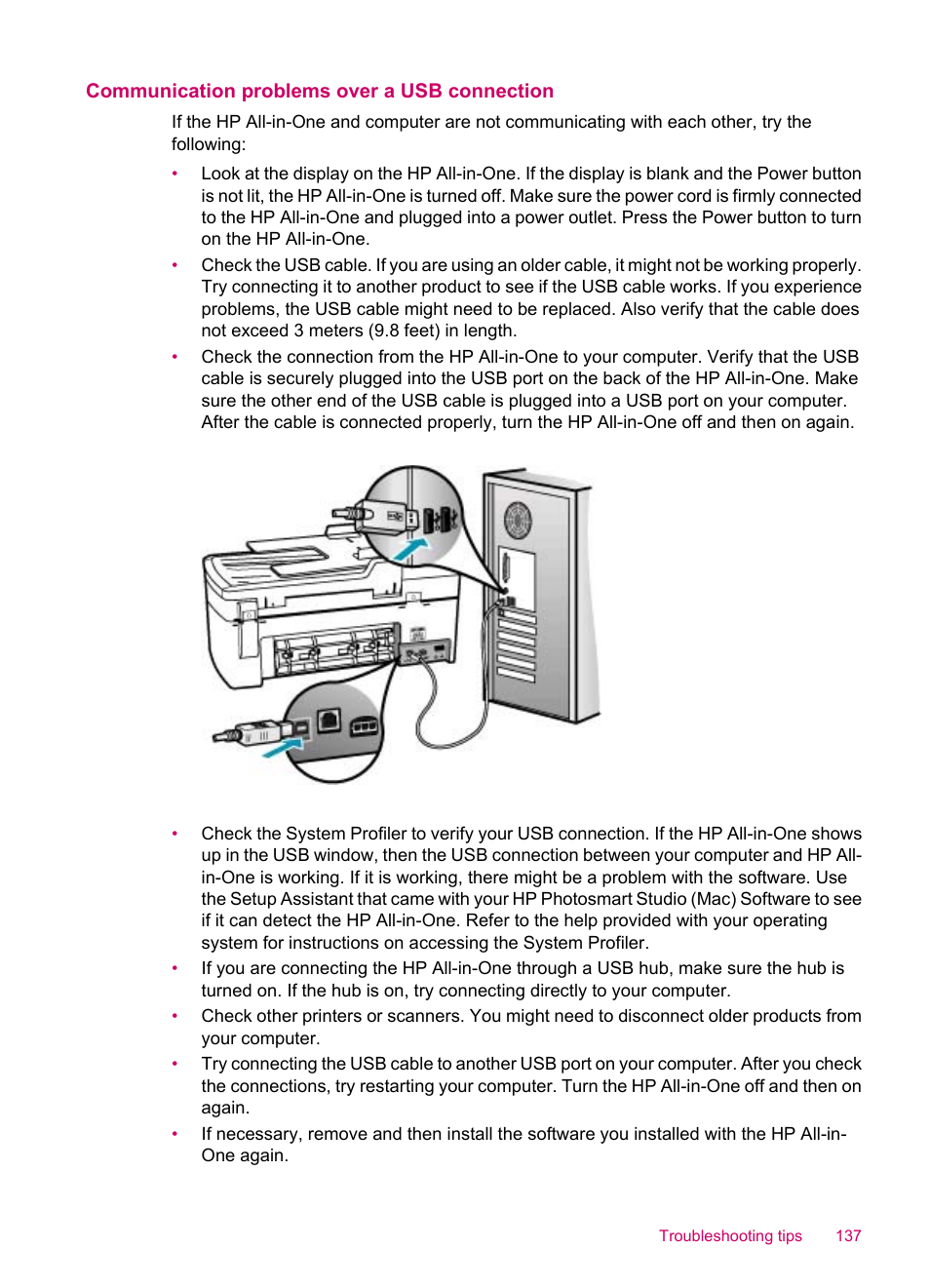 Communication problems over a usb connection | HP Officejet J5740 All-in-One Printer User Manual | Page 139 / 296