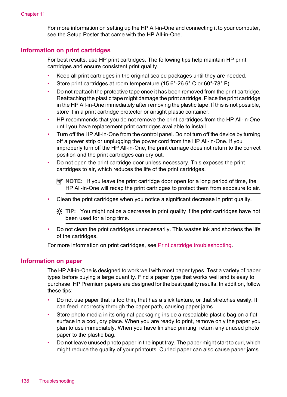 Information on print cartridges, Information on paper | HP Officejet J5740 All-in-One Printer User Manual | Page 140 / 296