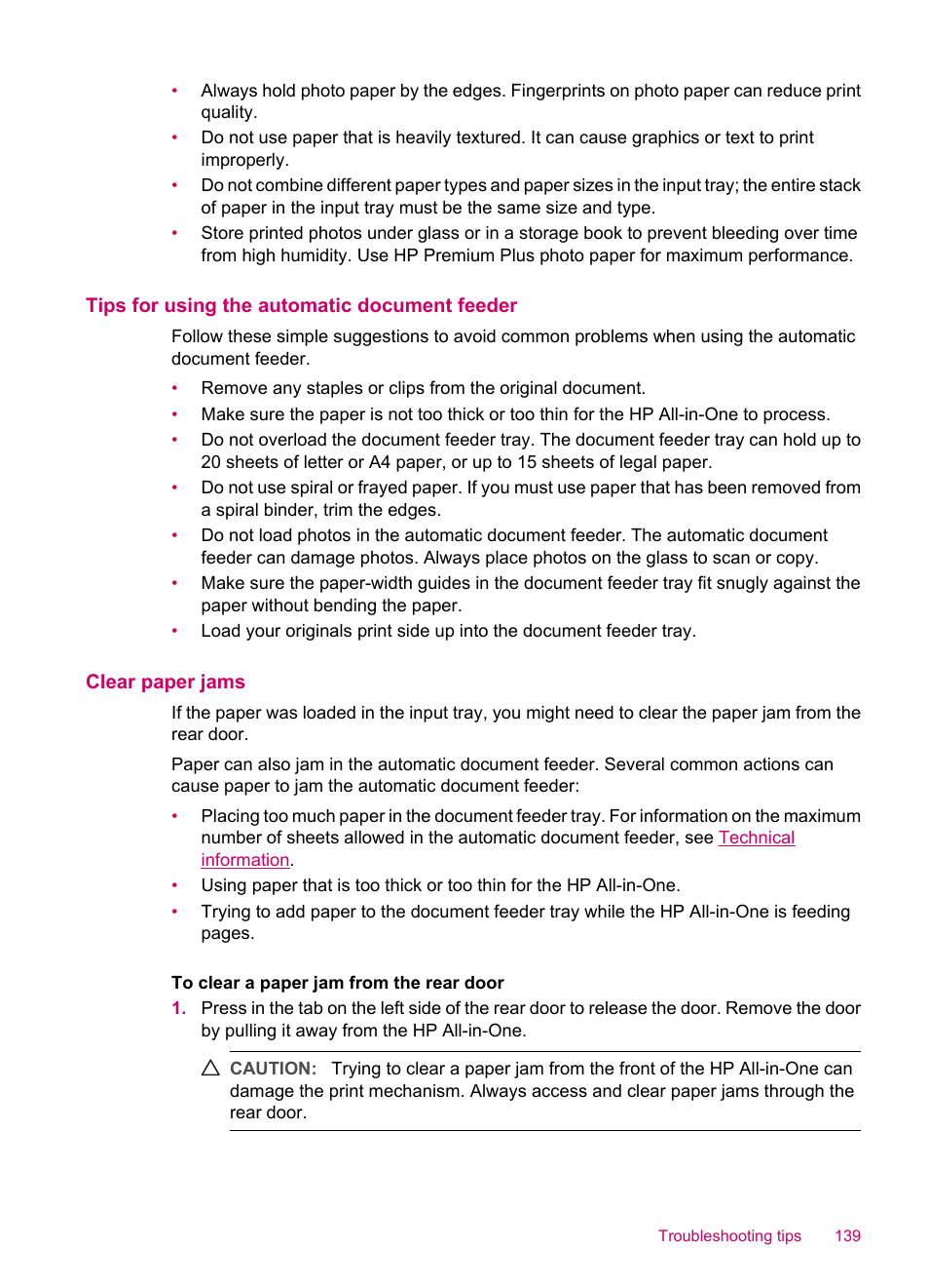 Tips for using the automatic document feeder, Clear paper jams | HP Officejet J5740 All-in-One Printer User Manual | Page 141 / 296