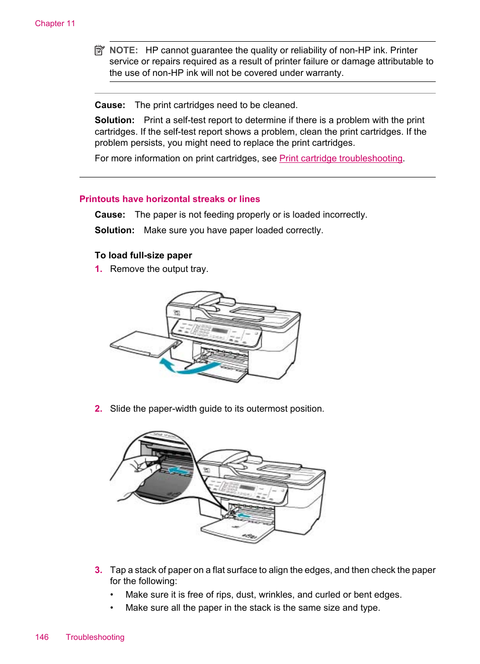 Printouts have horizontal streaks or lines | HP Officejet J5740 All-in-One Printer User Manual | Page 148 / 296