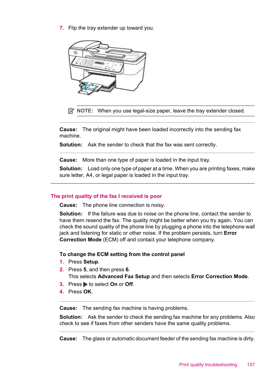 The print quality of the fax i received is poor | HP Officejet J5740 All-in-One Printer User Manual | Page 159 / 296