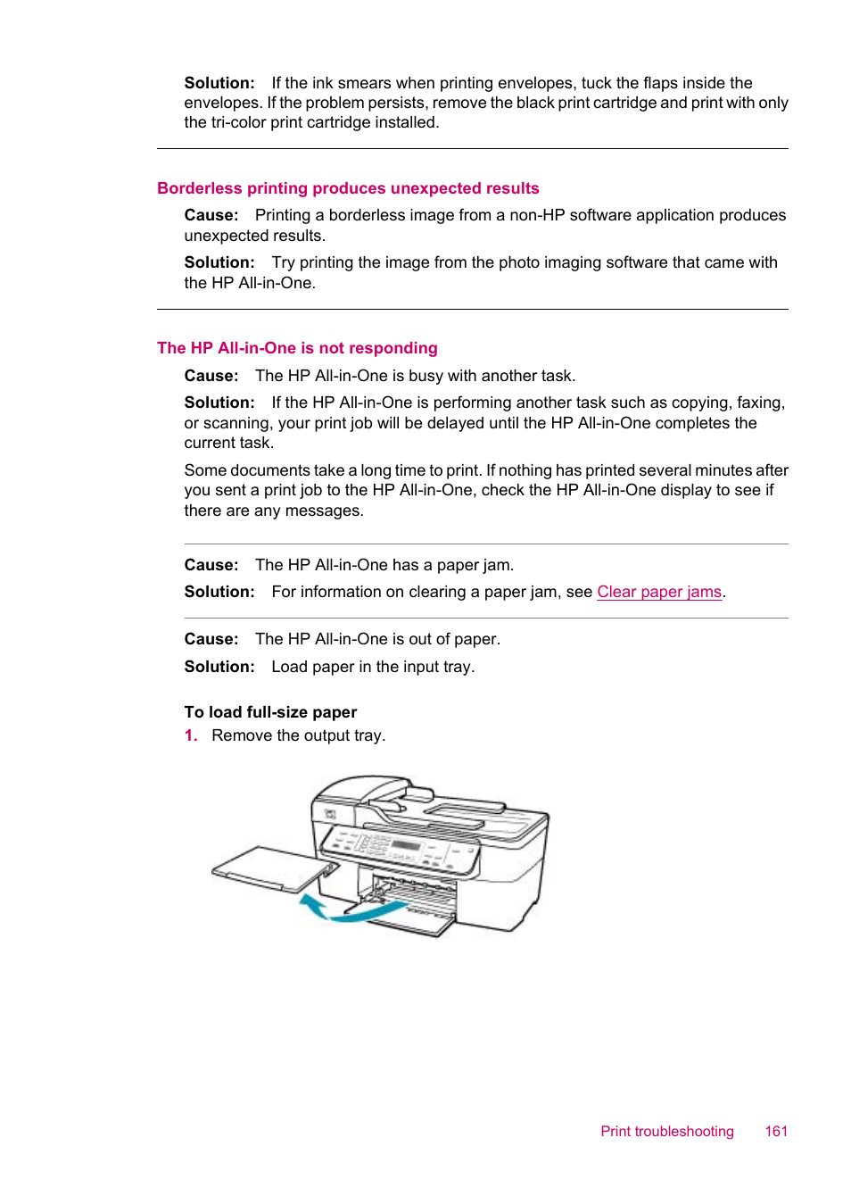 Borderless printing produces unexpected results, The hp all-in-one is not responding | HP Officejet J5740 All-in-One Printer User Manual | Page 163 / 296