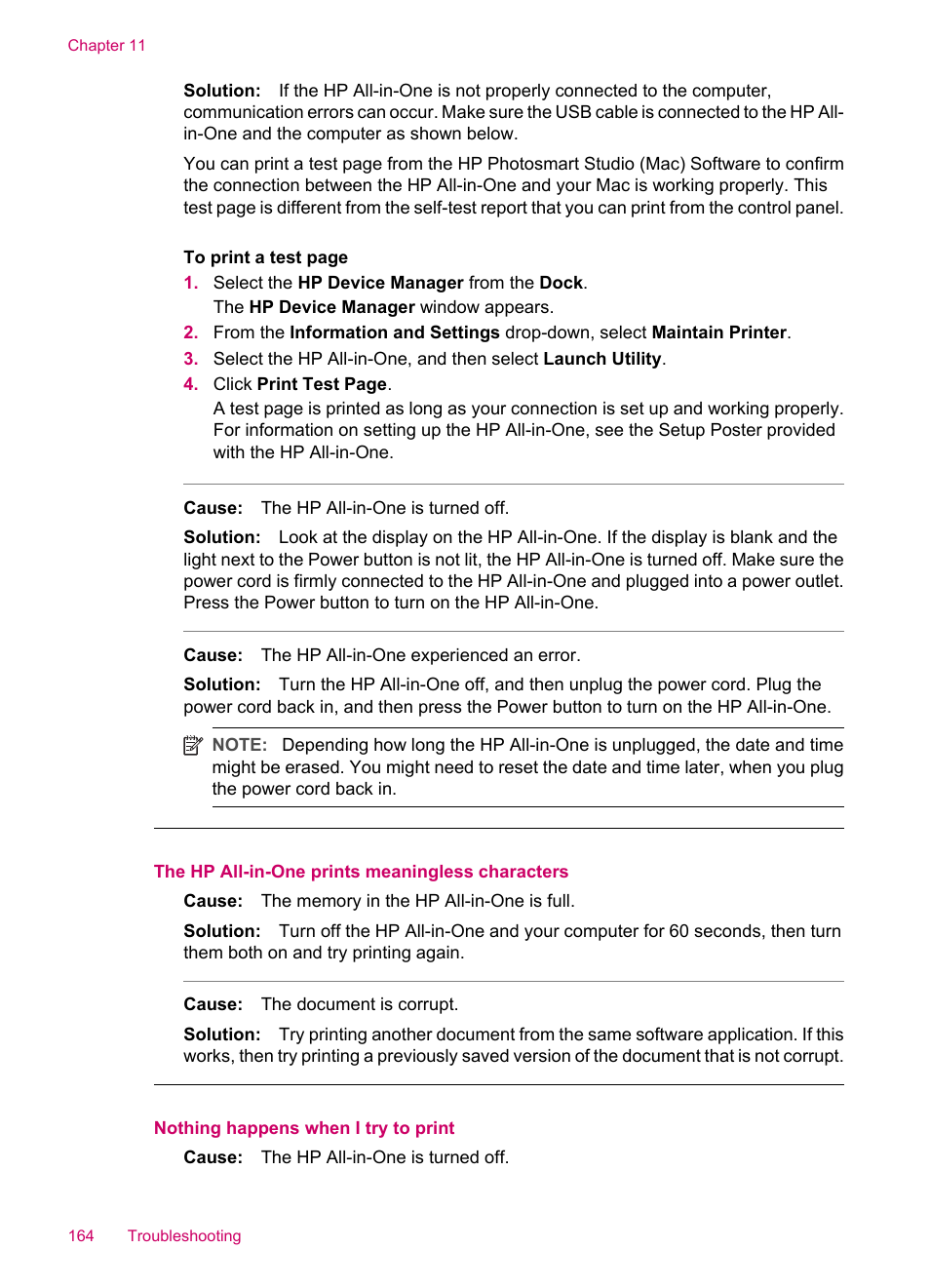 The hp all-in-one prints meaningless characters, Nothing happens when i try to print | HP Officejet J5740 All-in-One Printer User Manual | Page 166 / 296