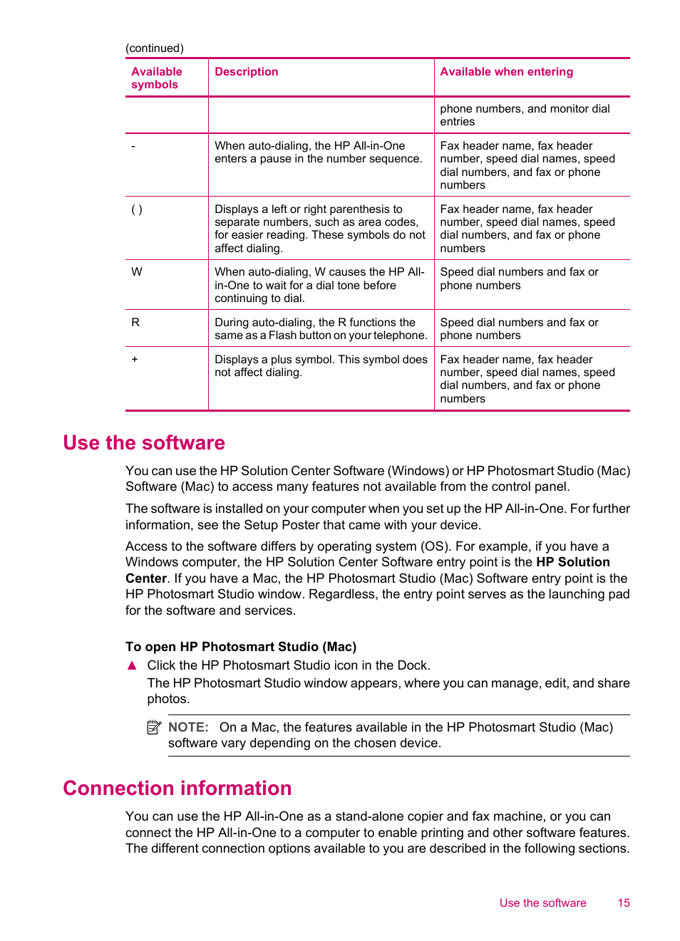 Use the software, Connection information, Use the software connection information | HP Officejet J5740 All-in-One Printer User Manual | Page 17 / 296