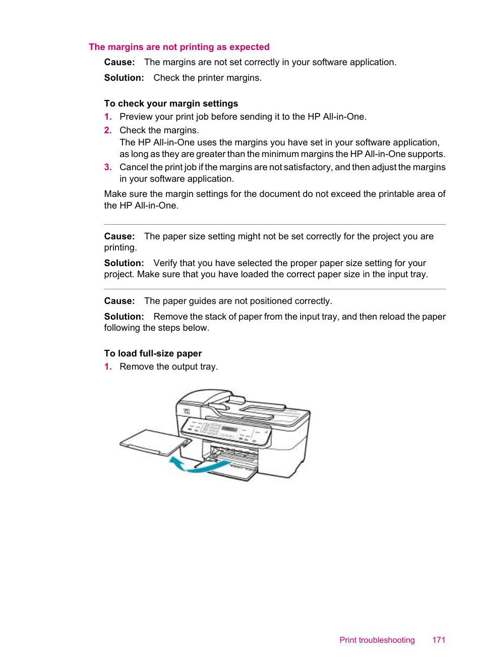 The margins are not printing as expected | HP Officejet J5740 All-in-One Printer User Manual | Page 173 / 296