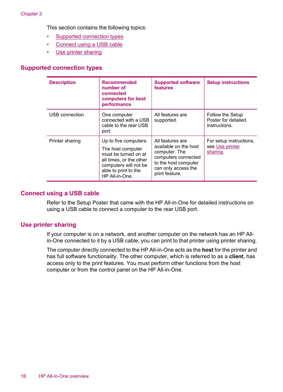 Supported connection types, Connect using a usb cable, Use printer sharing | HP Officejet J5740 All-in-One Printer User Manual | Page 18 / 296