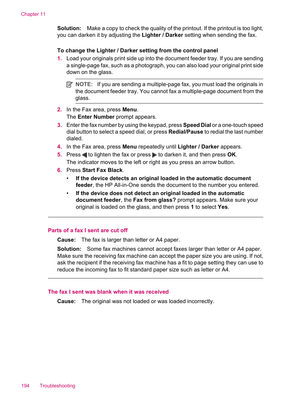 Parts of a fax i sent are cut off, The fax i sent was blank when it was received | HP Officejet J5740 All-in-One Printer User Manual | Page 196 / 296