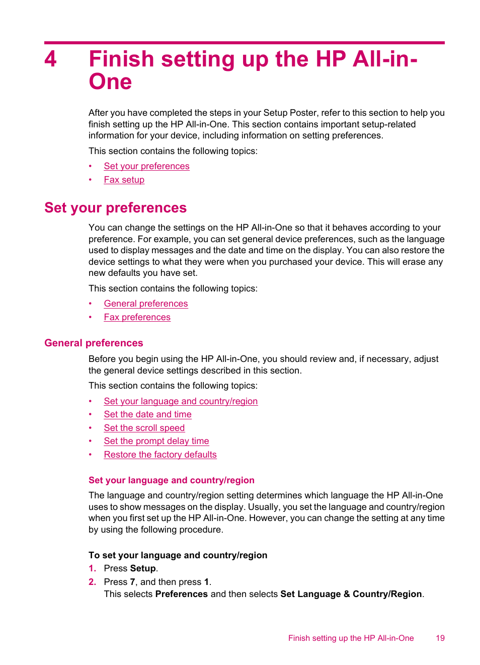 Finish setting up the hp all-in-one, Set your preferences, General preferences | Set your language and country/region, 4 finish setting up the hp all-in-one, Fax preferences, 4finish setting up the hp all-in- one | HP Officejet J5740 All-in-One Printer User Manual | Page 21 / 296