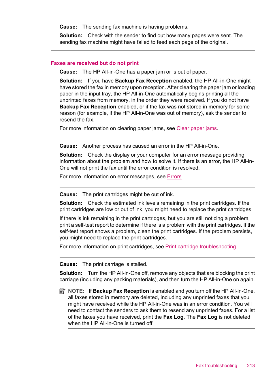 Faxes are received but do not print | HP Officejet J5740 All-in-One Printer User Manual | Page 215 / 296