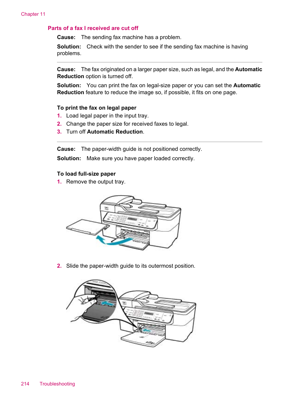 Parts of a fax i received are cut off | HP Officejet J5740 All-in-One Printer User Manual | Page 216 / 296