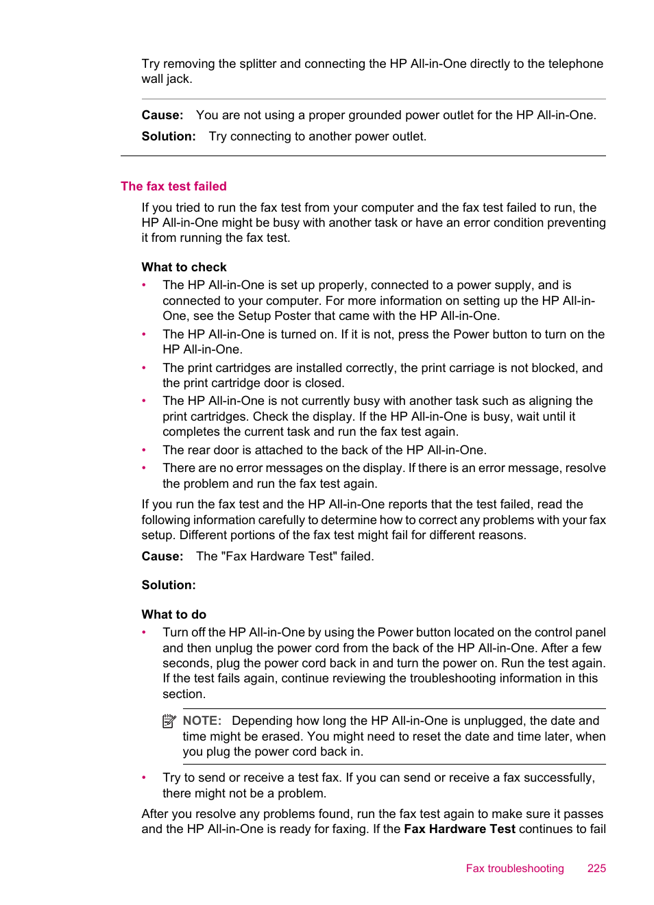 The fax test failed | HP Officejet J5740 All-in-One Printer User Manual | Page 227 / 296