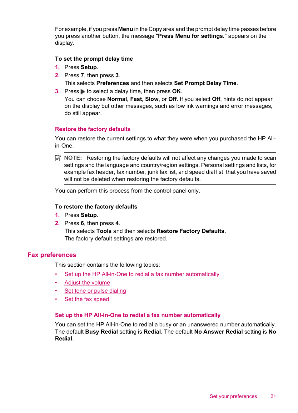 Restore the factory defaults, Fax preferences | HP Officejet J5740 All-in-One Printer User Manual | Page 23 / 296