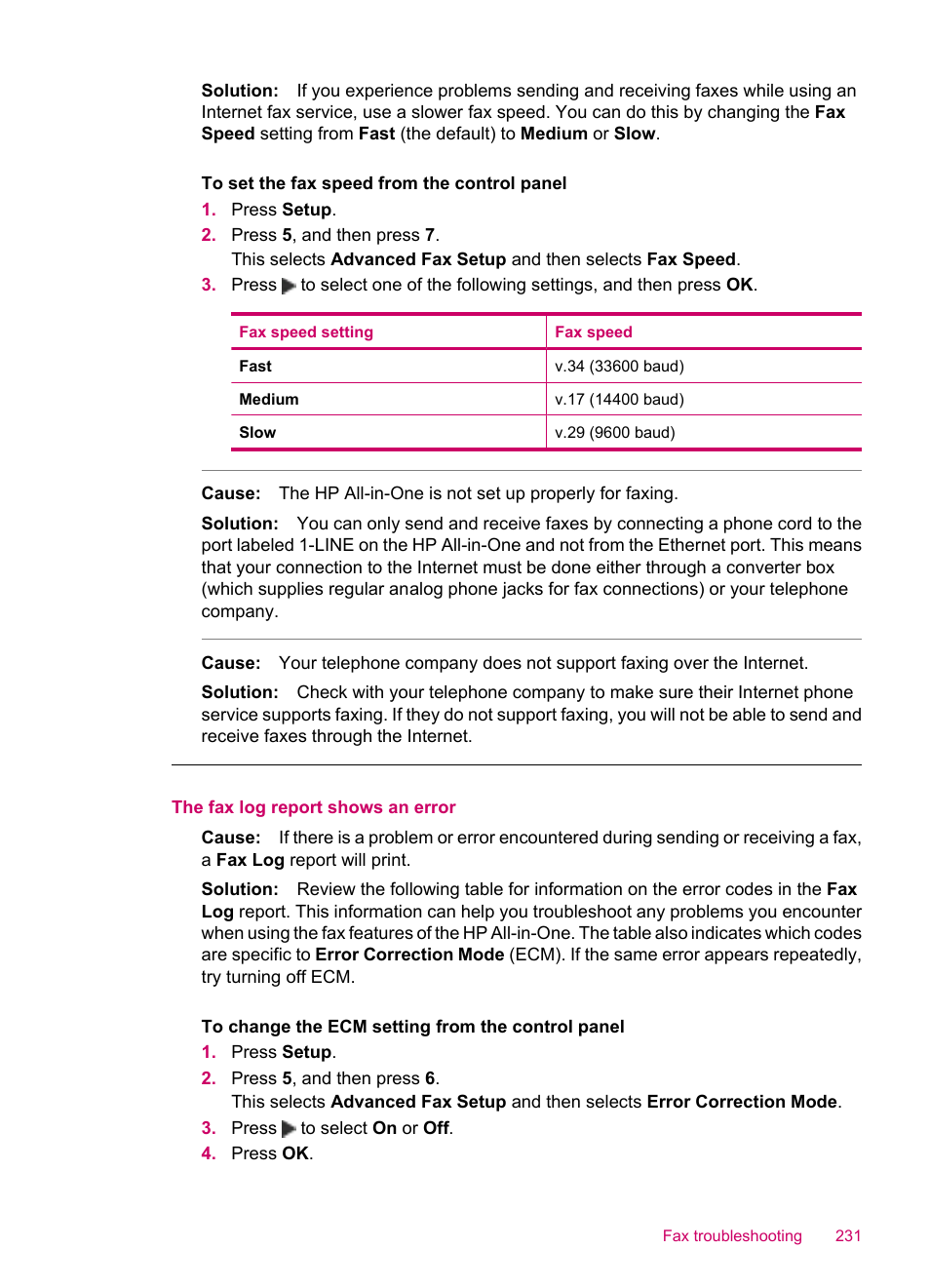 The fax log report shows an error | HP Officejet J5740 All-in-One Printer User Manual | Page 233 / 296