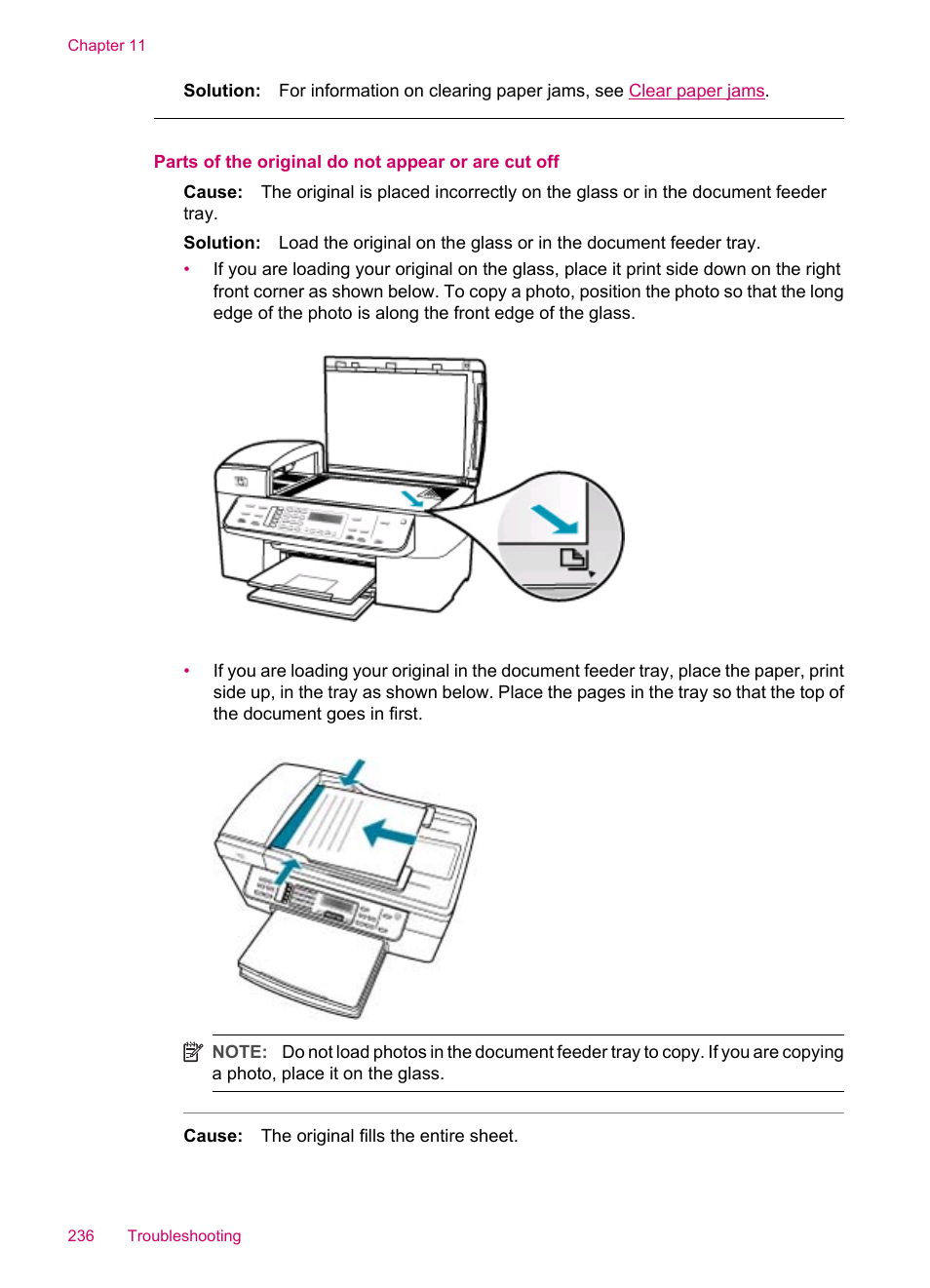 Parts of the original do not appear or are cut off | HP Officejet J5740 All-in-One Printer User Manual | Page 238 / 296